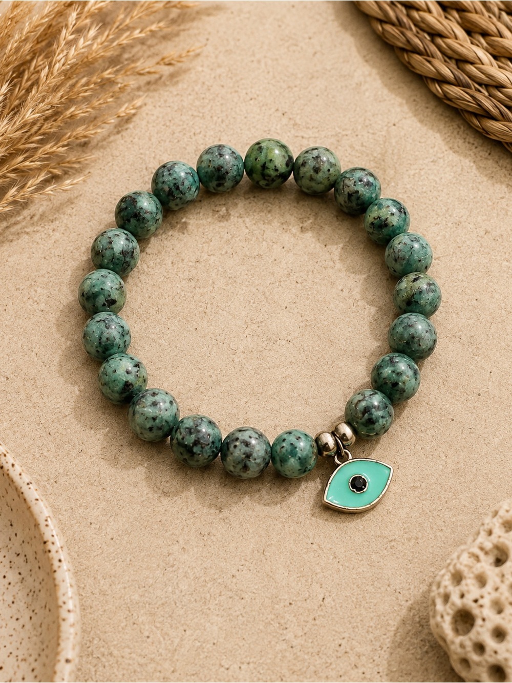 Bali Artisan African Turquoise Jasper Evil Eye Bracelet